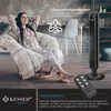 A woman relaxing in a chair, with a tower fan and remote control in the foreground, and marketing text overlaid on the image. Produktbild-Vorschau