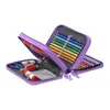 A purple pencil case filled with colored pencils and other stationery items, laid open on a white background. Anteprima dell’immagine prodotto