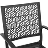 A close-up view of the backrest of a black metal garden chair with a geometric cut-out pattern. Produktbild-Vorschau