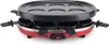A red and black electric raclette grill with multiple small pans and a griddle top. Produktbild-Vorschau