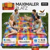 A family is having a picnic on a colorful blanket spread on grass. Produktbild-Vorschau