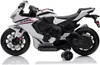 A white and black children's electric motorcycle with training wheels. Anteprima dell’immagine prodotto
