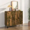 A wooden sideboard with three doors, a lamp, a radio, and a picture frame on top, placed against a white wall. Anteprima dell’immagine prodotto