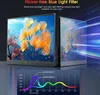 A portable monitor displaying a vibrant image of flowers, with a second monitor showing a blue light effect and a graph illustrating blue light reduction. Produktbild-Vorschau