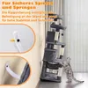A cat tree is shown next to a wall with a cat interacting with it. There are also close-up insets showing how to attach the cat tree to the wall for stability. Podgląd zdjęcia produktu