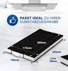 A charcoal filter for a range hood is shown with dimensions and a graphic indicating it fits well with a range hood. Produktbild-Vorschau
