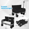 A collage of images showing a black foldable wagon in different configurations and folded state, with dimensions indicated. Produktbild-Vorschau