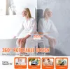 A woman in a white robe sitting on a rotating stool next to a bathtub, with a reflection of herself in the background. Text overlays highlight the product's features. Produktbild-Vorschau