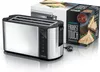A silver and black toaster with its packaging in the background. Voir les images du produit