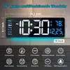 A digital wall clock displaying time, date, and temperature, with various feature icons and text descriptions below. Produktbild-Vorschau