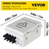A product shot of a VEVOR PV Combiner Box with dimensions and specifications overlaid. Náhled obrázku produktu