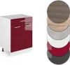A kitchen cabinet with a drawer and two doors, shown in red high gloss and white, next to a stack of circular material samples. Anteprima dell’immagine prodotto