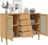 A wooden sideboard with open doors and drawers, displaying decorative items and dishes on top and inside. Náhled obrázku produktu