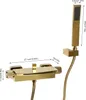 A golden shower faucet and handheld showerhead with dimensions indicated by measurement lines and text. Podgląd zdjęcia produktu