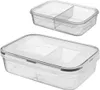 Two clear plastic lunchboxes with dividers, one stacked on top of the other, against a white background. Produktbild-Vorschau