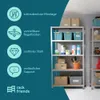A marketing image showcasing a metal shelving unit with various items stored on it, accompanied by feature callouts. Produktbild-Vorschau