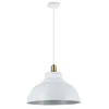 A white pendant light with a gold accent, suspended from a white cord against a white background. Produktbild-Vorschau