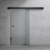 A frosted glass sliding door with a black handle mounted on a concrete wall. Produktbild-Vorschau