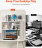 A split image showing a 'before' and 'after' of a desktop. The 'after' side shows a tidy desk with a white shelf organizer holding books, a globe, and a computer monitor. The 'before' side shows a cluttered desk with a laptop and papers. Voir les images du produit