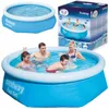 A collage of an inflatable pool, its packaging, and a family enjoying the pool. Produktbild-Vorschau