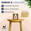 A close-up of a wooden stool with marketing text and icons highlighting its features. Anteprima dell’immagine prodotto