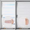 A split image showing a window with a roller blind in two different light-filtering states. Close-up insets demonstrate the light transmission. Podgląd zdjęcia produktu