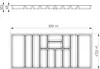 A technical drawing of a drawer organizer with dimensions and a top-down view. Produktbild-Vorschau