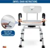 An instructional image showing a swivel shower chair with a close-up inset demonstrating how to adjust the seat. Produktbild-Vorschau