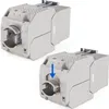 Two identical network connectors are shown. The bottom one has a blue arrow indicating a downward motion. Produktbild-Vorschau