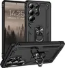 A black rugged phone case with a ring holder is displayed from multiple angles, with a phone screen showing a time and date visible in the background. Produktbild-Vorschau