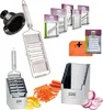 A collage of kitchen tools, specifically vegetable slicers and graters, along with some sliced vegetables. Produktbild-Vorschau