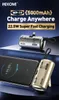A product shot of a mini power bank and a smartphone, with marketing text overlay. Produktbild-Vorschau