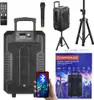 A collage of product images showing a portable speaker, microphone, tripod, remote, and packaging. Produktbild-Vorschau