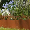 A close-up view of a rusty metal garden border with a decorative butterfly pattern, set against a backdrop of green grass and blue flowers. Produktbild-Vorschau