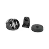 The image shows the disassembled parts of a smart home motion detector, including the main unit with its battery compartment open, a mounting bracket, and a base. Produktbild-Vorschau