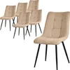 A set of six beige dining chairs with black metal legs are arranged on a white background. One chair is prominently displayed in the foreground, while the other five are visible in the background.
