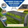 A folding picnic table and bench set is shown outdoors on grass, with close-up insets highlighting different ground surfaces and a carrying handle. Produktbild-Vorschau
