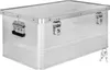 A silver aluminum storage box with a lid and two latches, one of which is locked with keys. Produktbild-Vorschau