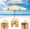 A beige parasol on a beach with the ocean and sky in the background, with close-up insets showing product features. Voir les images du produit