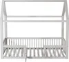 A white wooden house-shaped bed frame with a slatted base and railings. Anteprima dell’immagine prodotto