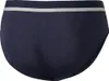 The back view of a pair of navy blue men's briefs with a gray waistband. Produktbild-Vorschau