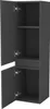 A dark gray bathroom cabinet with two doors open, revealing shelves and a drawer. Produktbild-Vorschau