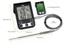 A digital thermometer with its probe and cable, along with a smaller display unit, shown with measurements indicated by lines and text. Produktbild-Vorschau