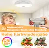 A child looking up at a ceiling light, with a phone showing the light and a red 'no' symbol, and images of fruits and vegetables. Produktbild-Vorschau