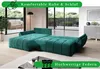 A green sofa bed in a modern living room setting, with a large window overlooking an outdoor area. Produktbild-Vorschau