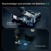 A split image showing a close-up of a robotic vacuum cleaner's wheels and a handheld vacuum cleaner with a demonstration of its maneuverability. Produktbild-Vorschau