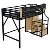 A loft bed with integrated shelves and a desk area, shown against a white background. Voir les images du produit
