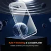 A clear phone case is displayed against a dark, space-themed background with planets and asteroids. Text highlights the product's anti-yellowing and crystal clear features. Produktbild-Vorschau