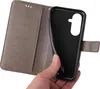 A hand is holding open a gray flip phone case, revealing the black interior where a phone would be placed. Produktbild-Vorschau