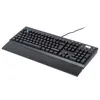 A black gaming keyboard with a wrist rest is shown from a diagonal angle against a white background. Produktbild-Vorschau